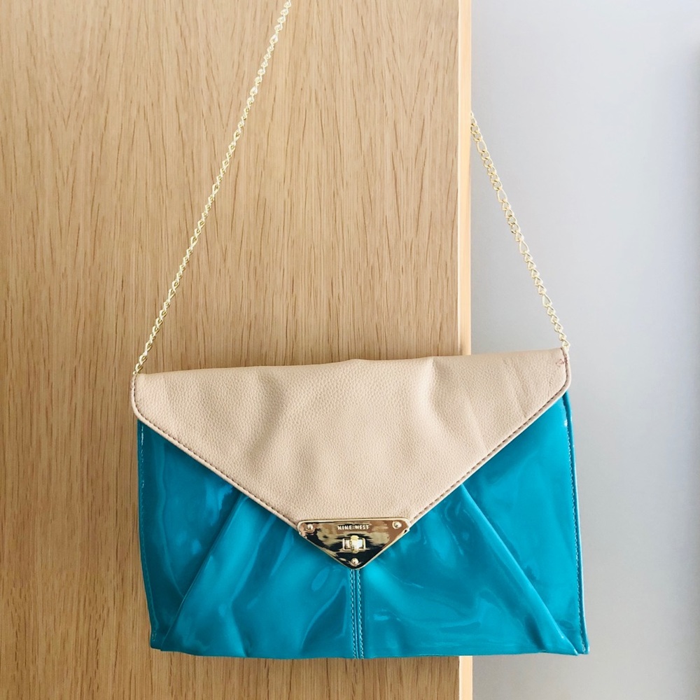 Color block teal faux leather clutch